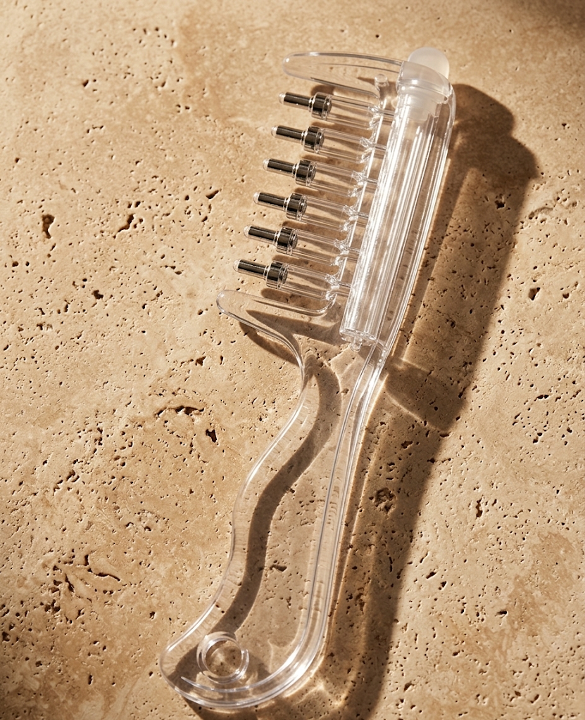 Scalp oil applicator comb – transparent dispenser with metal tips