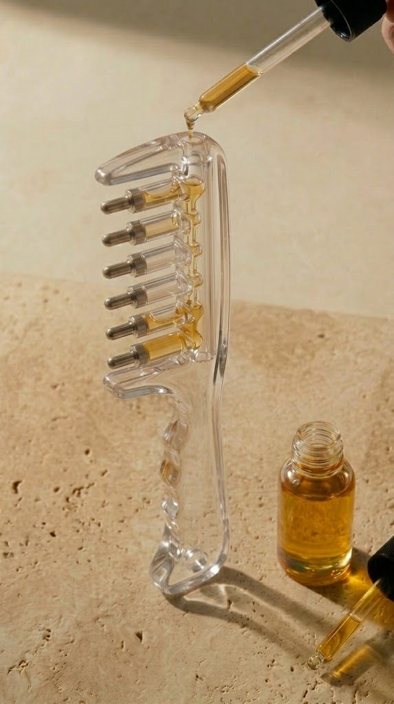 Scalp oil applicator comb – transparent dispenser with metal tips