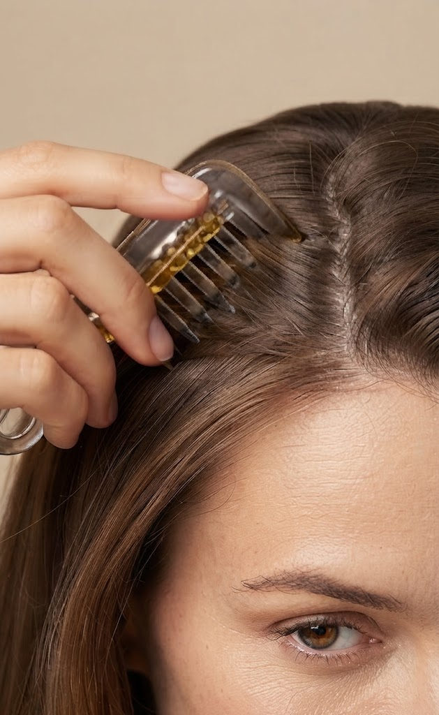 Applying the serum along the parting using the SCALPIUMM applicator